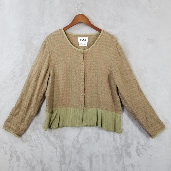 Flax Sweaters - Flax Cardigan Women M Pink Green‎ Check Linen Long Sleeve Pocket Jacket Topper